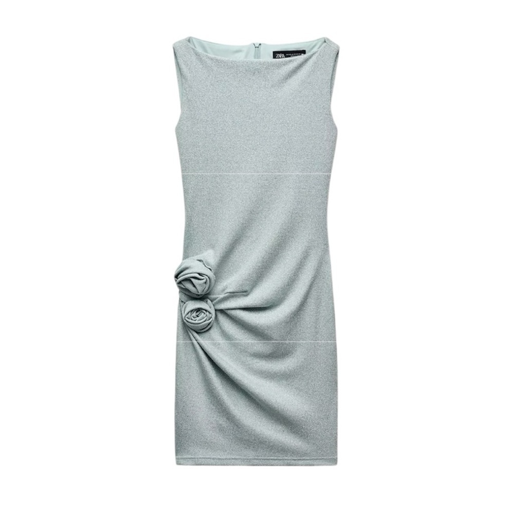 New ZARA Metallic Thread Dress With Raised Flowers